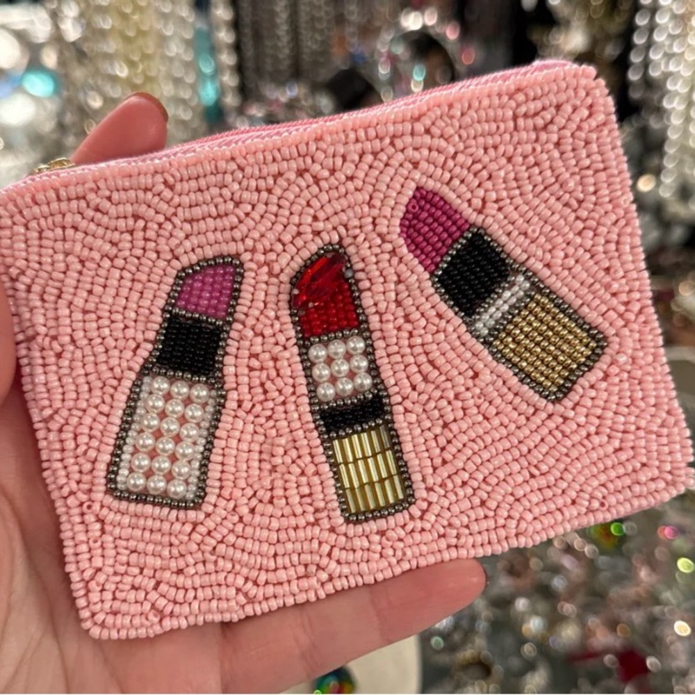 Pink Beaded Card/Coin Bag with Lipstick Design